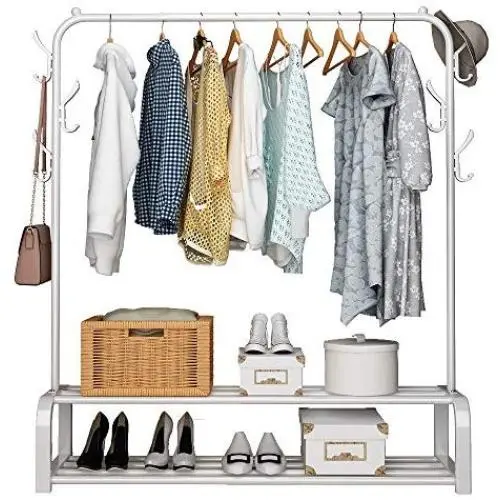 UDEAR Garment Rack Free-Standing Clothes Rack with Top Rod,Lower Storage and 8 Hooks,White UDEAR Garment Rack Free-Standing Clothes Rack with Top Rod,Lower Storage and 8 Hooks,White