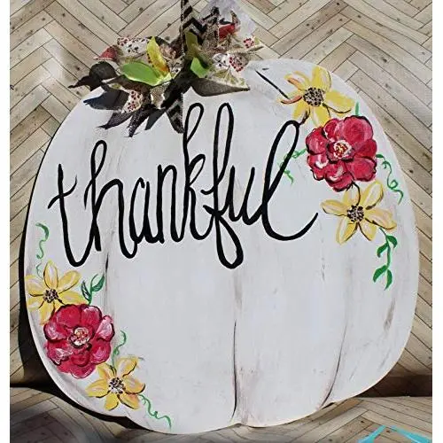 Thankful Floral Wood Pumpkin SIgn Door Hanger
