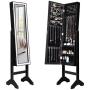 Giantex Mirrored Jewelry Cabinet Armoire with Mirror w/Resin Diamond Design Standing Storage Organizer Boxes with Full-Length Mirror, Earring Slots Holes, Necklace Hooks, Storage Shelves, Black