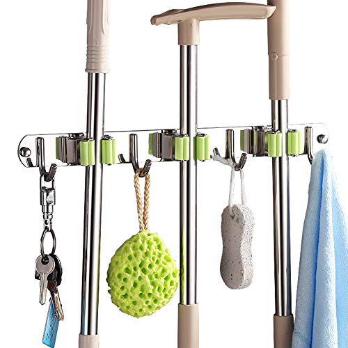 Pasking Mop Broom Holder Heavy Duty Hooks Hanger, Stainless Steel Wall Mounted Storage Organizer Screws or Self Adhesive Utility Broom Holder 3 Racks 4 Hooks for Bathroom Kitchen Closet Office Garden Pasking Mop Broom Holder Heavy Duty Hooks Hanger, Stainless Steel Wall Mounted Storage Organizer Screws or Self Adhesive Utility Broom Holder 3 Racks 4 Hooks for Bathroom Kitchen Closet Office Garden