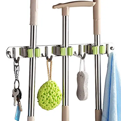 Pasking Mop Broom Holder Heavy Duty Hooks Hanger, Stainless Steel Wall Mounted Storage Organizer Screws or Self Adhesive Utility Broom Holder 3 Racks 4 Hooks for Bathroom Kitchen Closet Office Garden