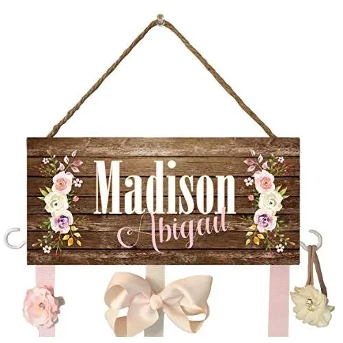 Hair Bow Holder with Hooks, Headband Holder, Personalized Hair Bow Holder, Baby Shower Gift, Flowers, Pink, Elegant, Hanger Full Name Hair Bow Holder with Hooks, Headband Holder, Personalized Hair Bow Holder, Baby Shower Gift, Flowers, Pink, Elegant, Hanger Full Name