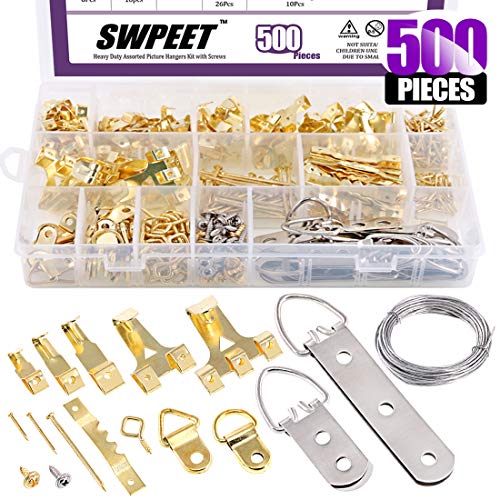 Swpeet 500Pcs 10Ibs-75Ibs Picture Hangers Assortment Kit, Heavy Duty Picture Frame Hanging with Picture Hangers, Hooks, D Ring, Nails, Eye Screws, Sawtooth Hangers, Steel Twisted Wire for Picture