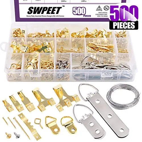 Swpeet 500Pcs 10Ibs-75Ibs Picture Hangers Assortment Kit, Heavy Duty Picture Frame Hanging with Picture Hangers, Hooks, D Ring, Nails, Eye Screws, Sawtooth Hangers, Steel Twisted Wire for Picture