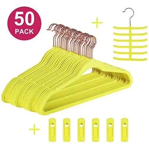 VECELO Premium Velvet Suit Heavy Duty (50 Pack) -Non Slip & Space-Saving Clothes Hangers with 6 Finger Clips and Tie Rack Excellent for Men and Women, Yellow
