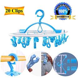 Laundry Hanger Drying Rack - Foldable Clip and Drip Hanger with 20 Pins, Clothes Drying Rack, Sock Hanger Plastic Travel Windproof Hook Diapers Baby Clothes Hanging