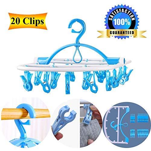 Laundry Hanger Drying Rack - Foldable Clip and Drip Hanger with 20 Pins, Clothes Drying Rack, Sock Hanger Plastic Travel Windproof Hook Diapers Baby Clothes Hanging