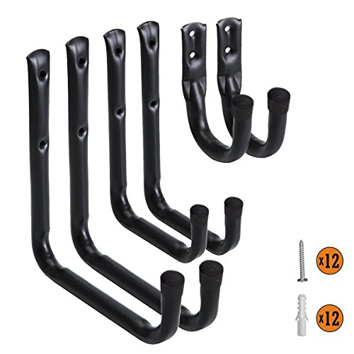 Heavy Duty Garage Hooks and Hangers Organizer - Wall Mount Garage Hanging Storage Utility Hooks for Ladders, Bike and Tools Black 6 Pack (Black Hook)
