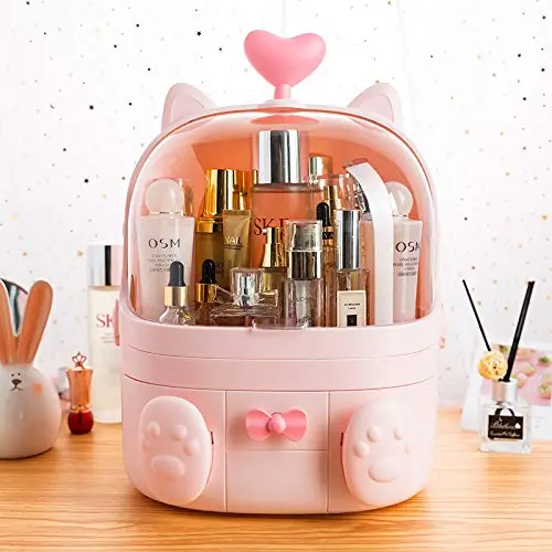 Sooyee Cat Shape Makeup Organizer, Modern Jewelry and Cosmetic Storage Display Boxes with Heart Shaped Handle, Waterproof Dustproof Design Great for Bathroom, Dresser, Vanity and Countertop (Pink)