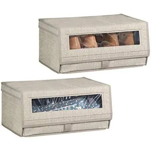 mDesign Fabric Large Storage Boxes Bin with Clear Window and Hinged Lid - Holder for Mens and Womens Dress Shoes, Boots, Pumps, Sandals, Flats - Modern Closet Organizer Solution - 2 Pack - Linen/Tan mDesign Fabric Large Storage Boxes Bin with Clear Window and Hinged Lid - Holder for Mens and Womens Dress Shoes, Boots, Pumps, Sandals, Flats - Modern Closet Organizer Solution - 2 Pack - Linen/Tan