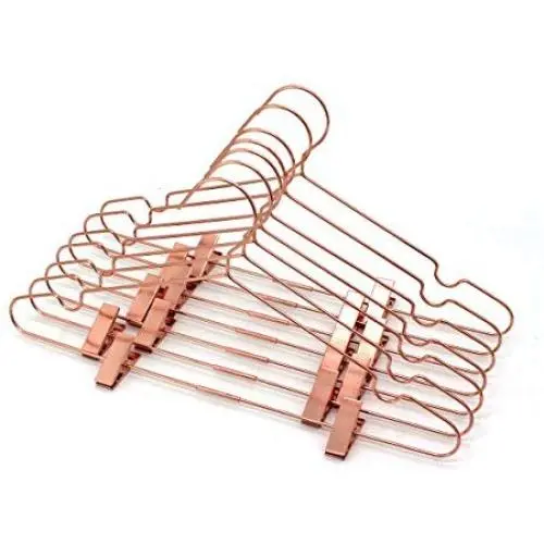 10PS 42cm Rose Copper Gold Shiny Steel Wire clothes Clips Hanger Coat Clothes Garment Hangers with Pants Bar Fit Closet Hangers