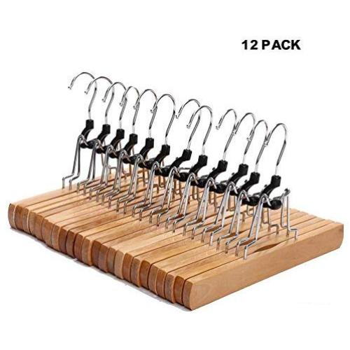 JS HANGER Wooden Pants Hangers, Wool Skirt Hangers Mark Free, 12 Pack Collection Slack Clamp Hangers with Anti-Rust Hooks, Natural Finish