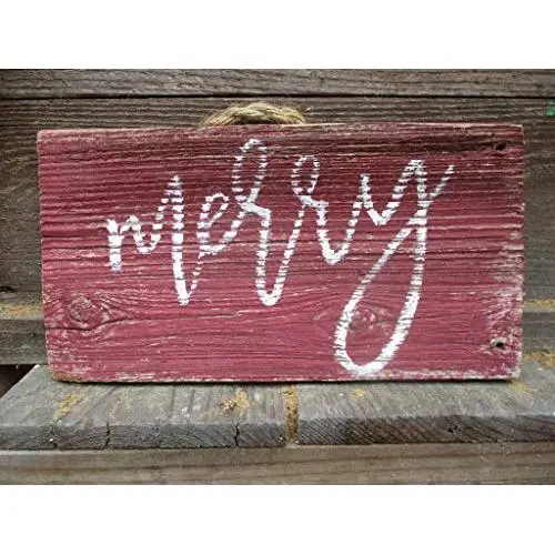 Vintage look MERRY new calligraphy Christmas Chalk Couture style old time font jute hanger antique style primitive style. weathered wood sign
