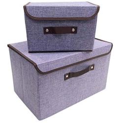 Foldable Storage Bins Storage Cubes Boxes with Lids and Handles Linen Fabric Durable Basket Containers Organizerfor Home, Office, Nursery, Closet, Bedroom, Set of [2-Size]