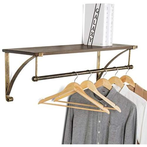 MyGift Wood & Antique Bronze-Tone Metal Wall Mounted Floating Shelf with Garment Hanger Rod
