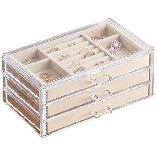 HerFav Jewelry Boxes for Women with 3 Drawers, Velvet Jewelry Organizer for Earring Bangle Bracelet Necklace and Rings Storage Clear Acrylic Jewelry case