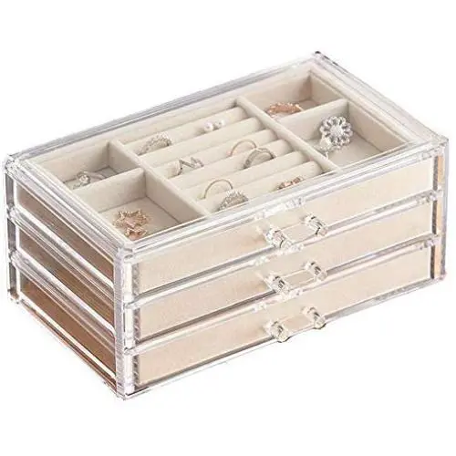 HerFav Jewelry Boxes for Women with 3 Drawers, Velvet Jewelry Organizer for Earring Bangle Bracelet Necklace and Rings Storage Clear Acrylic Jewelry case HerFav Jewelry Boxes for Women with 3 Drawers, Velvet Jewelry Organizer for Earring Bangle Bracelet Necklace and Rings Storage Clear Acrylic Jewelry case