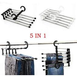 LFSHYP Clothes Hangers Newest Hot Fashion 5 in 1 Pant Rack Shelves Stainless Steel Multi-Functional Wardrobe Magic Hanger Black
