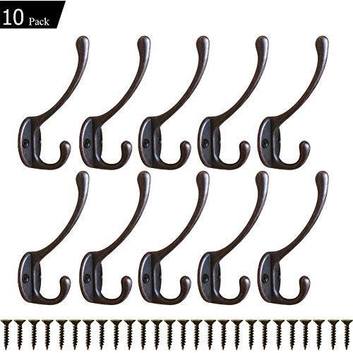 Heavy Duty Dual Coat Hooks 10 Pack Wall Mounted Hooks Metal Hooks Dual Robe Hook Rustic Hooks Retro Double Hooks Coat Hanger and Screws for Coat/Backpack/Bag/Towel/Key/Cap (2# Red Copper 10 Pack)