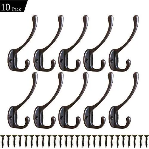 Heavy Duty Dual Coat Hooks 10 Pack Wall Mounted Hooks Metal Hooks Dual Robe Hook Rustic Hooks Retro Double Hooks Coat Hanger and Screws for Coat/Backpack/Bag/Towel/Key/Cap (2# Red Copper 10 Pack)