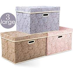 Prandom Large Stackable Storage Bins with Lids Fabric Decorative Storage Boxes Cubes Organizer Containers Baskets with Cover Handles Divider for Bedroom Closet Living Room 17.7x11.8x11.8 Inch 3 Pack