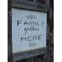 Vintage look FAMILY GATHERS HERE wheatstalks new calligraphy weathered wood sign with burlap hanger antique style old time font
