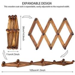 BUZIFU Coat Rack Shelf Expandable Accordion Wooden Clothes Hat Hanger Wall Mounted Coat Rack with 10 Peg Hooks Folding Wooden Hook Rack for Hallway Bathroom Living Room Kitchen, Rustic Walnut Color