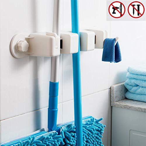 Cavoli Strong Sucker Mop Holder Wall Mounted Mop and Broom Hanger - Kitchen&Garden&Garage Suction Cup Organizer with 3 Positions 2 Hooks,White