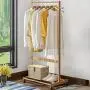 Cxjff Floor Standing Coat Rack Movable Design Hanger Clothes 2 Hooks Shoes Shelf Easy Install, Wood (Color : Wood Color, Size : 80x45x165cm)