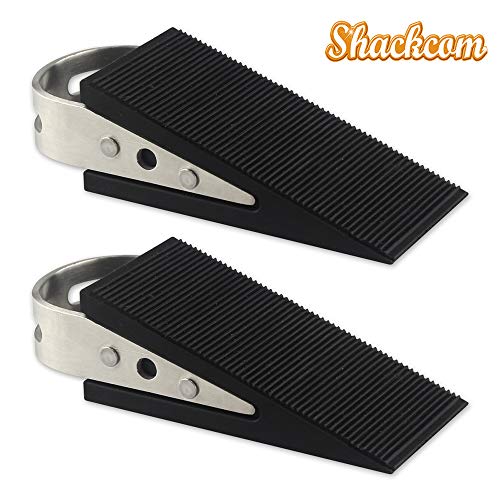 Shackcom Door Stopper, 2 Pack Black Heavy Duty Wedge That Holds Doors Firmly and Doesn’t Budge, Made of Rubber and Stainless Steel, Works on All Floor Surfaces, with Hanger which Easy to Storage