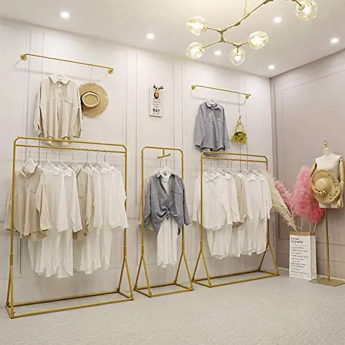 Industrial Clothing Rack Rustic Customized Heavy Duty Garment Display Rack Floor-Standing Hangers Clothes Shelves for Show Room Retail Store Gold Industrial Clothing Rack Rustic Customized Heavy Duty Garment Display Rack Floor-Standing Hangers Clothes Shelves for Show Room Retail Store Gold
