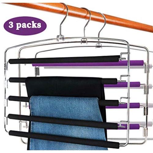 Centralocker Multi-Layer Steel Pants Hanger Metal Frame Swing Arm Slack Trousers Jeans Neckties Rack Space Saver for Wardrobe 3-Pack