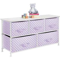 mDesign 5-Drawer Dresser Storage Unit - Sturdy Steel Frame, Wood Top and Easy Pull Fabric Bins in 2 Sizes - Multi-Bin Organizer for Child/Kids Bedroom or Nursery - Light Purple with White Polka Dots