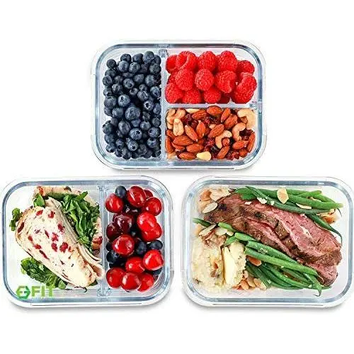 1 & 2 & 3 Compartment Glass Meal Prep Containers [3 Pack, 35 Oz] - Glass Lunch Containers, Food Storage Containers with Lids, Food Prep Containers, Glass Bento Boxes for Kids & Adults, Bento Lunch Box