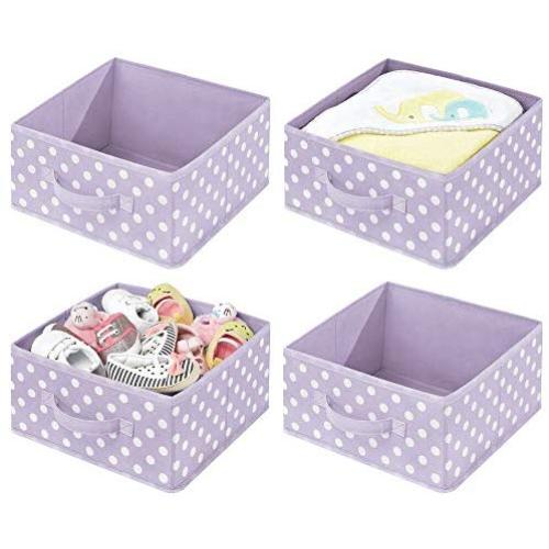 mDesign Soft Fabric Closet Storage Organizer Bin Boxes - Front Handle, for Cube Furniture Shelving Units Bedroom, Nursery, Toy Room - Polka Dot Print - 4 Pack - Light Purple/White