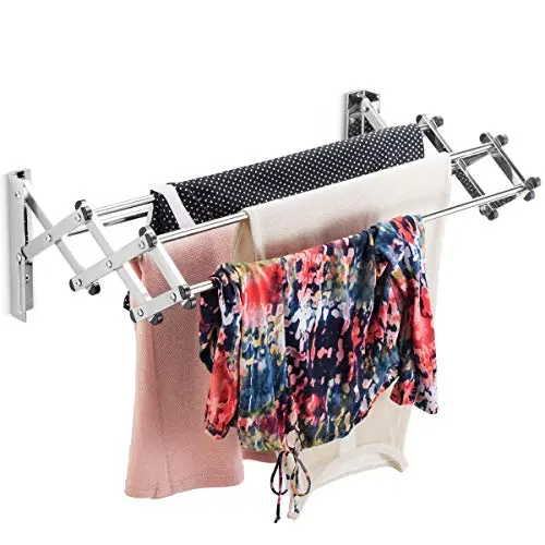 Bartnelli Accordion Wall Mounted Drying Rack | 5 Smooth Round Stainless Steel Rods | Huge 11 Linear Feet Capacity | Compact Sleek Design || 45lb Capacity