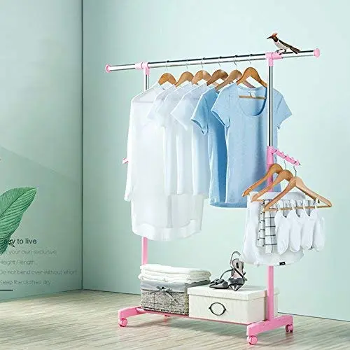 ZZHF yimaojia Simple Floorstanding Coat Rack/Horizontal Bar Clothes Rack/Stainless Steel/Adjustable/ Indoor Clothes Hangers (Color : A-Pink)