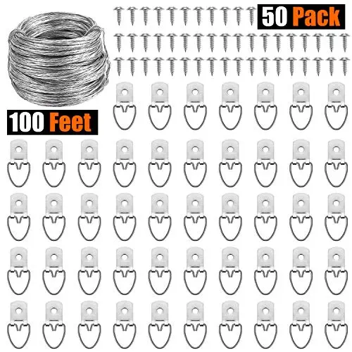 Powlankou Picture Hanging Kit Including 50 Pcs D-Ring Picture Hangers with Screws and 100 Feet Picture Hanging Wire, Supports up to 30 lbs