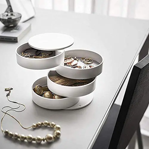 Maxbei Jewelry Organizer Case 360 Degree Round Rotating Jewelry Storage Boxes Necklace Bracelet Ring Earring Display Tray Holder (White)