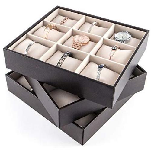 JackCubeDesign Stackable Jewelry Leather Bracelet Tray Earring Necklace Ring Organizer Display Storage Boxes Holder with 27 Pillows(Set of 3, 10.2 X 9.1 X 2.2 inches)- :MK407A