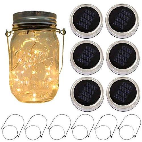 6-Pack Solar-powered Mason Jar Lights (6 Hanger Included / No Jar),10 LEDs Warm White Jar Hanging Light,Solar Fairy Firefly Lights Lids Insert Fit for Regular Mouth Jars for Decor Solar Table Light