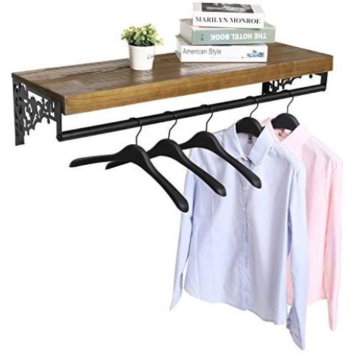 Wall Mounted Wood & Metal Floating Shelf w/Garment Hanger Rod, Decorative Retail Clothing Rack, Brown