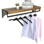 Wall Mounted Wood & Metal Floating Shelf w/Garment Hanger Rod, Decorative Retail Clothing Rack, Brown