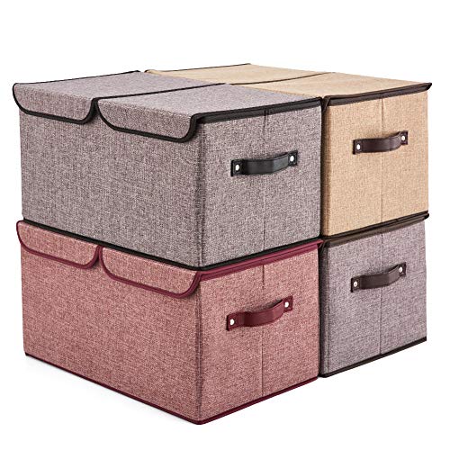 Large Lidded Storage Boxes [4-Pack] EZOWare Linen Fabric Foldable Cubes Bin Boxes Containers with Lid/Handles for Home, Office, Nursery, Toys, Closet, Bedroom, Living Room - Assorted Color