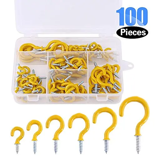 Glarks 100-Pieces 6 Sizes Yellow Vinyl Coated Cup Hooks Screw-in Ceiling Hooks Screw Hooks Mug Hooks Hangers Assortment Kit for Home and Office Use