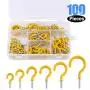 Glarks 100-Pieces 6 Sizes Yellow Vinyl Coated Cup Hooks Screw-in Ceiling Hooks Screw Hooks Mug Hooks Hangers Assortment Kit for Home and Office Use
