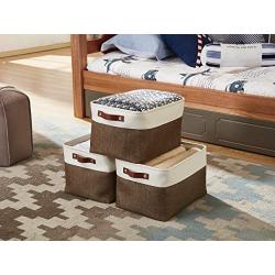 DECOMOMO Foldable Storage Bin [3-Pack] Collapsible Sturdy Cationic Fabric Storage Basket Cube W/Handles for Organizing Shelf Nursery Home Closet & Office (Brown and White, Large - 15 x 11 x 9.5)