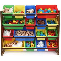 Tot Tutors Discover Collection Supersized Wood Toy Storage Organizer, Toddler, Espresso/Primary