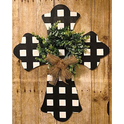 Buffalo Plaid Cross with Eucalyptus Wreath Door Hanger