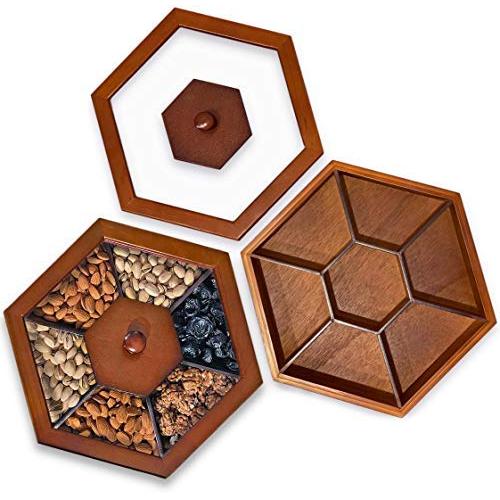 Sectional Tray for Dry Fruits Nuts Snacks with Glass Lid, Humidity proof wooden storage, Candy Box